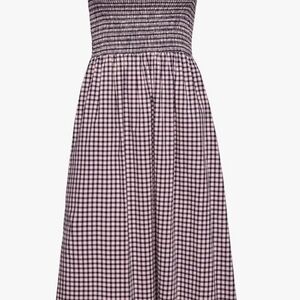 Smocked Strapless Gingham Midi Dress in Pink and Black